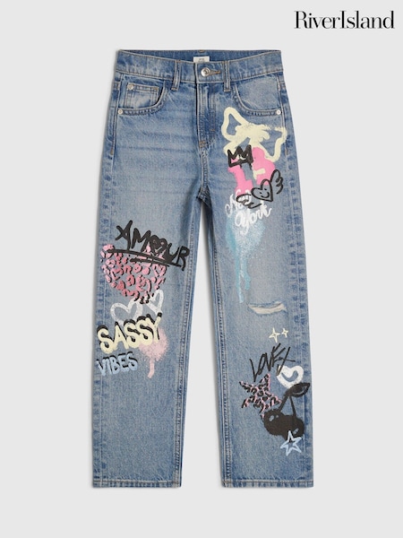 Blue - River Island Amour Graffiti Straight Leg Jeans