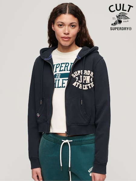 Superdry Eclipse Navy 100% Cotton Athletic Relaxed Crop Zip Hoodie (675978) | €87