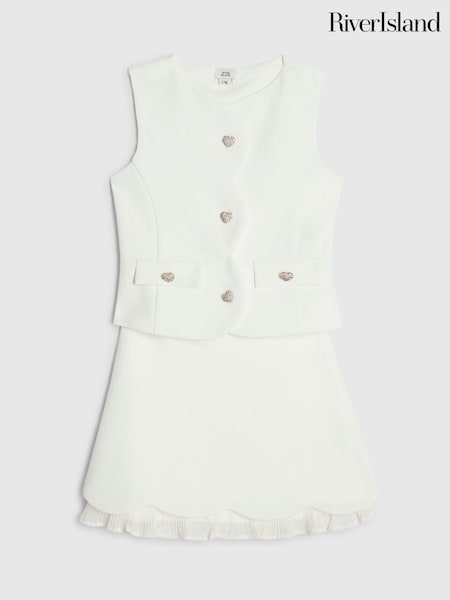 Cream - River Island Premium Waistcoat & Plisse Skirt Set
