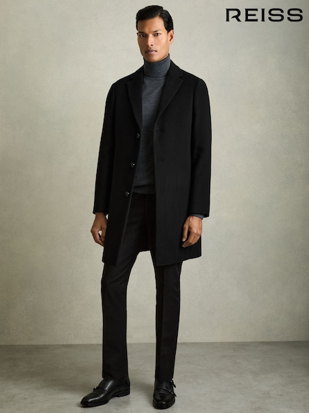 Reiss Black Gable Wool Blend Single Breasted Epsom Overcoat (676535) | 2,411 QAR
