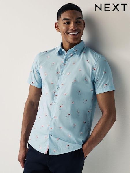 Light Blue Flamingo Regular Fit 100% Cotton Printed Short Sleeve Shirt (676964) | €18