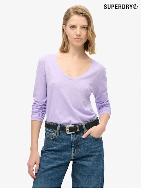 Mov lavandă deschis - Top Superdry din jerseu cu mânecă lungă și decolteu în V (677352) | 107 LEI