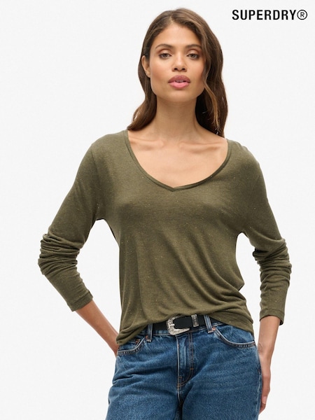 Kaki metalizat - Top Superdry din jerseu cu mânecă lungă și decolteu în V (677623) | 107 LEI