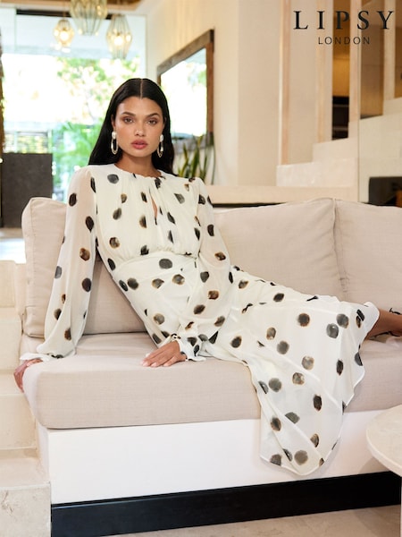 Lipsy Long Sleeve Gathered Waist Polka Dot Midi Dress (677902) | 98 €
