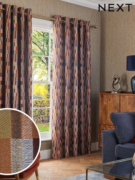 Rust Orange/Navy Blue Jacquard Blocks Lined Eyelet Curtains (678463) | €59 - €119