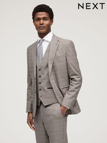 Taupe Skinny Fit Trimmed Check Suit (678565) | € 37