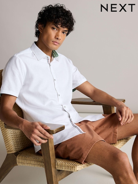 Alb - Slim Fit - Cămașă din in cu decorațiuni Blend Mânecă scurtă (679477) | 135 LEI