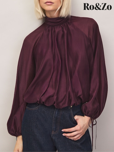 Dark Red - Ro&zo High Neck Bubble Hem Blouse