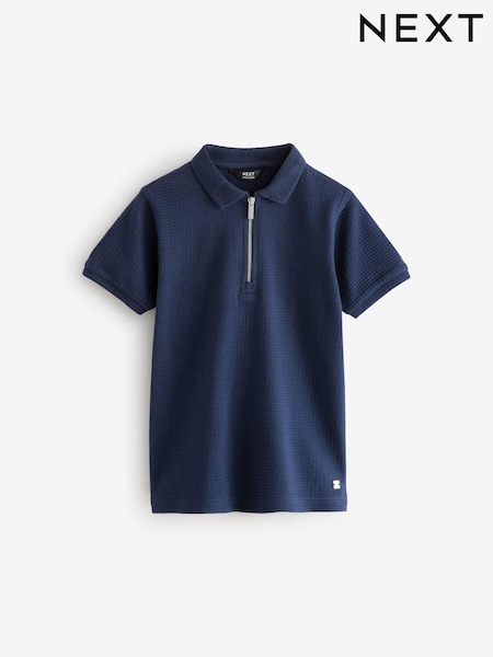 Navy Textured Short Sleeve Quarter Zip 100% Cotton Polo Shirt (3-16yrs) (681538) | €12 - €18