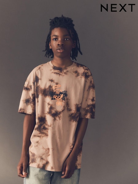 Brown Tie Dye Back Print Relaxed Fit Short Sleeve Graphic T-Shirt (3-16yrs) (681997) | 31 QAR - 41 QAR
