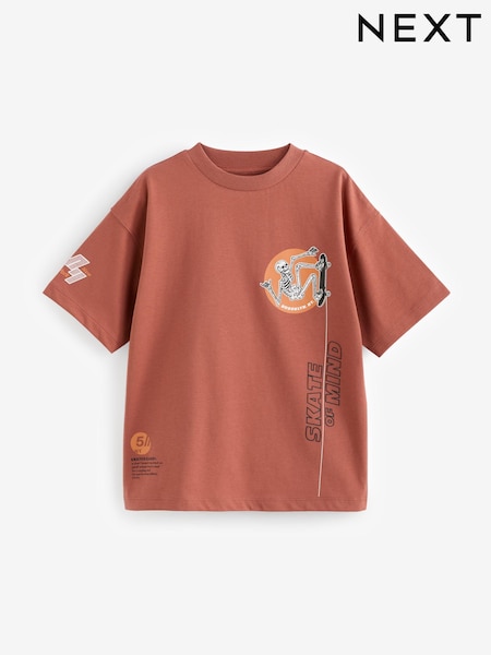 Rust Brown Skeleton Relaxed Fit Short Sleeve Graphic 100% Cotton T-Shirt (3-16yrs) (682224) | €6 - €8