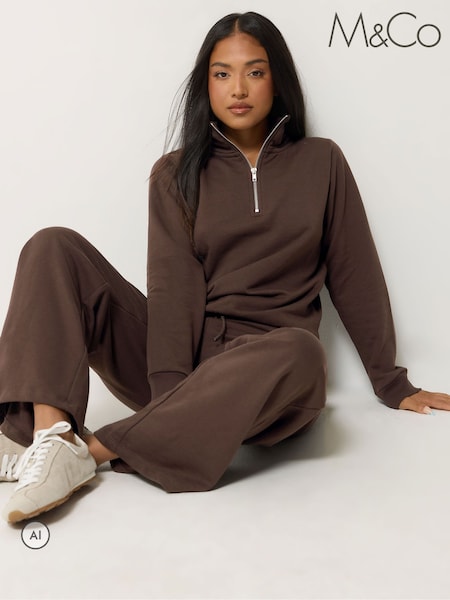 Brown - M&co Petite Sweat Top & Wide Leg Joggers Set