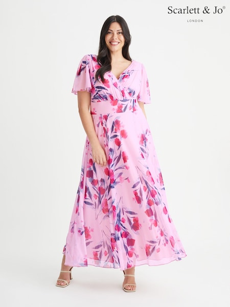 Roz pastel model floral - Scarlett & Jo Curve Isabelle Angel Sleeve Rochie lungă (682523) | 340 LEI