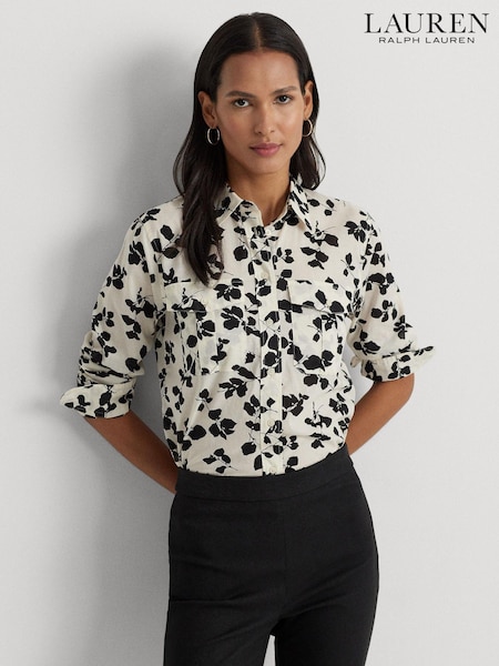 Lauren Ralph Lauren White/Black Court Classic Fit Leaf Print Shirt (682525) | €89