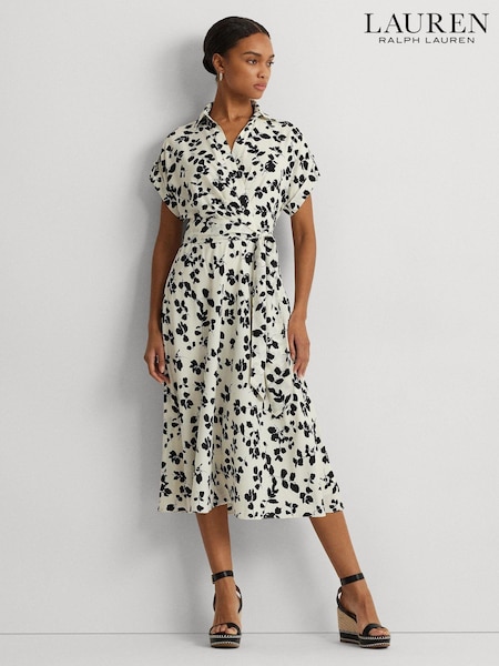 Lauren Ralph Lauren Cream 100% Cotton Fratillo Leaf Print Belted Crepe Dress (682760) | €133