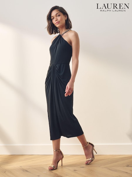 Lauren Ralph Lauren Amberline Stretch Jersey Halterneck Chain Midi Black Dress (682777) | €159