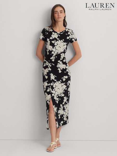 Lauren Ralph Lauren Syporah Floral Jersey Twist Front Midi Black Dress (682780) | €121
