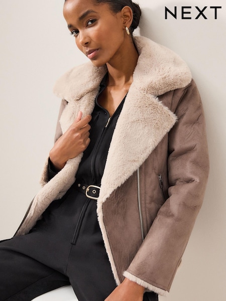 Бежево-коричневый - Faux Suede Biker Jacket with Faux Fur Collar (683033) | €22