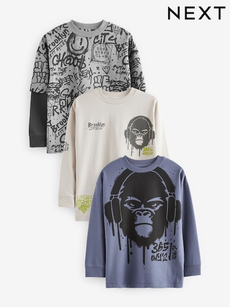 Blau/Grau/Stone, Gorilla - Graphic 100% Cotton Long Sleeve T-Shirts 3 Pack (3-16yrs) (683173) | 14 € - 18 €