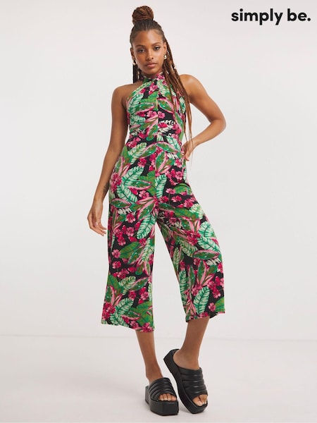 Simply Be Tropical Floral Print Halter Neck Black Jumpsuit (683361) | €21.50
