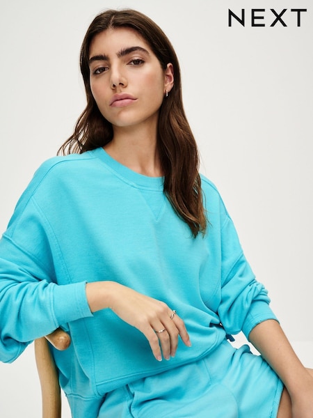 Fluro Blue Raw Hem Detail Washed Crew Neck Sweatshirt (683531) | AED23