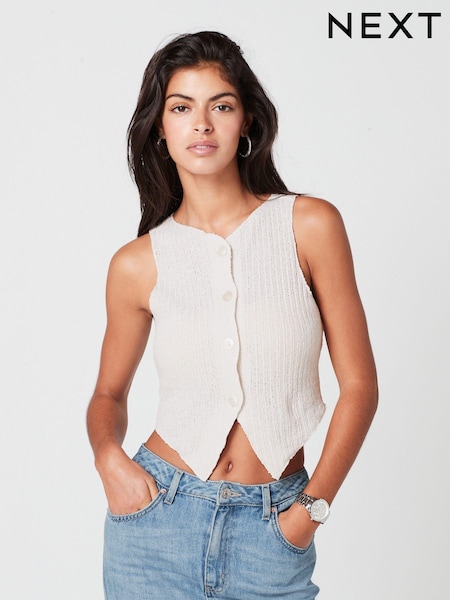 Ecru White Knitlook Ribbed Textured Jersey Waistcoat Top (683800) | €3
