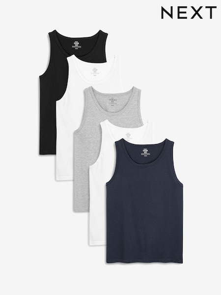 أسود/أبيض/رمادي بخيوط شاحبة/أزرق كحلي - 100% Cotton Vests 5 Pack (683857) | ‏183 ر.ق.