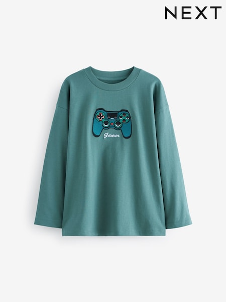 Green Controller Embroidery Relaxed Fit Long Sleeve Graphic T-Shirt (3-16yrs) (684078) | TRY 296 - TRY 407