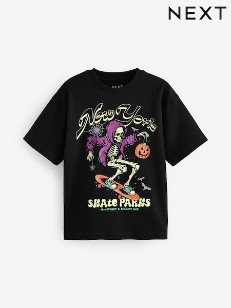 Black Halloween Skeleton Relaxed Fit Graphic 100% Cotton Short Sleeve T-Shirt (3-16yrs) (684089) | AED7 - AED10
