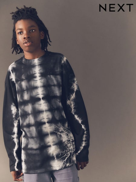 Black Tie Dye Long Sleeve Graphic 100% Cotton T-Shirt (3-16yrs) (684096) | 41 QAR - 51 QAR