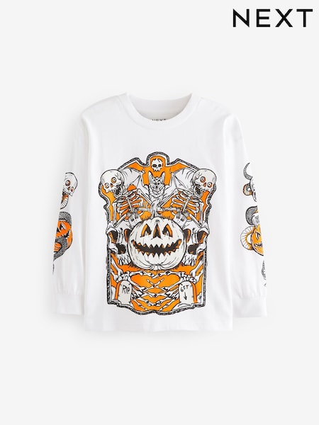 White Glow In the Dark Halloween Graphic Long Sleeve 100% Cotton T-Shirt (3-16yrs) (684099) | 27 QAR - 35 QAR