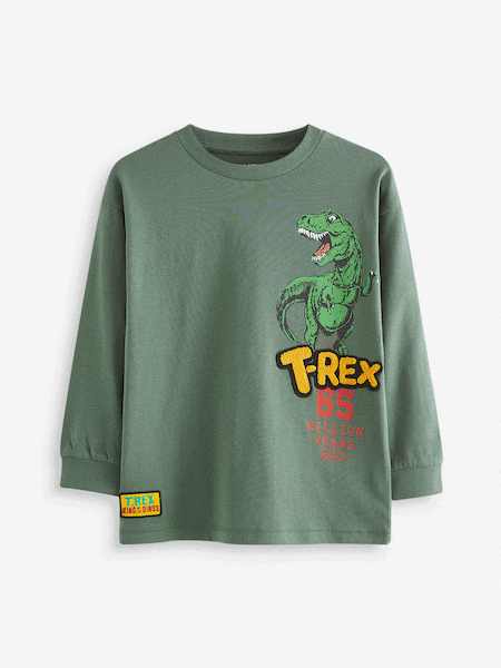 Khaki Vihreä Dino Takaisin Printti; kuvio - Long Sleeve Graphic T-shirt (3-16yrs) (684104) | €11 - €15