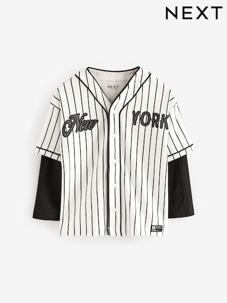Ecru White/ Black Stripe 100% Cotton Long Sleeve Varsity Baseball Top (3-16yrs) (684108) | €8 - €10