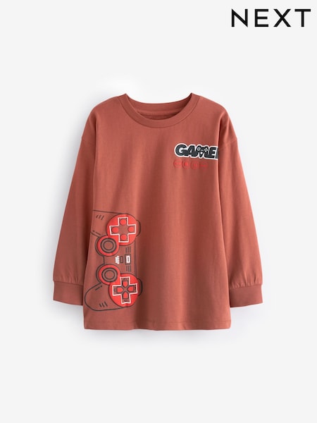 Rust Brown Game Controller Relaxed Fit Long Sleeve Graphic T-Shirt (3-16yrs) (684182) | TRY 333 - TRY 444