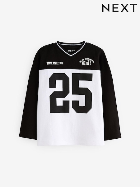 Black/White 100% Cotton Long Sleeve Varsity T-Shirt (3-16yrs) (684199) | AED33 - AED42