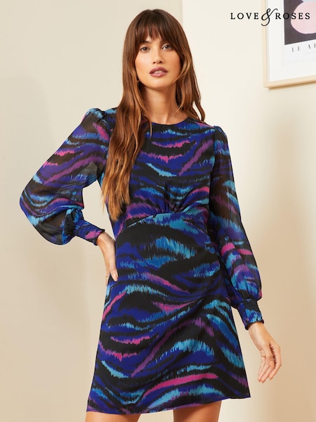 Love & Roses Printed Empire Chiffon Long Sleeve Mini Dress (684285) | 196 LEI