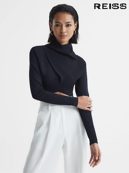 Reiss Navy Elsie High Neck Cropped Co Ord Top (6848A6) | €186
