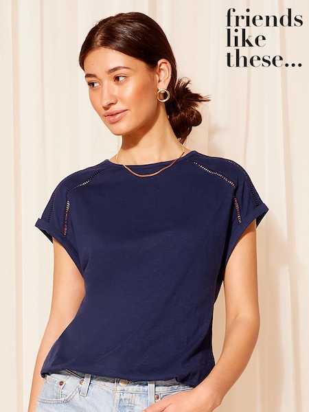 Friends Like These Blue Petite Short Sleeve Ladder Trim Bubble Hem T-Shirt (685724) | €13