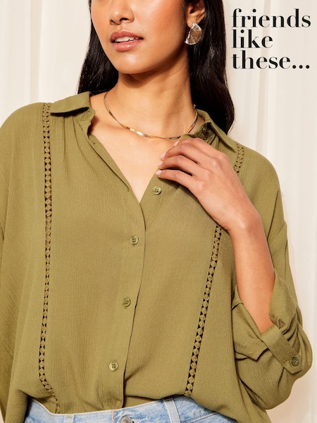 Friends Like These Khaki Green Long Sleeve Crinkle Trim Detail Button Through Shirt (685755) | €16