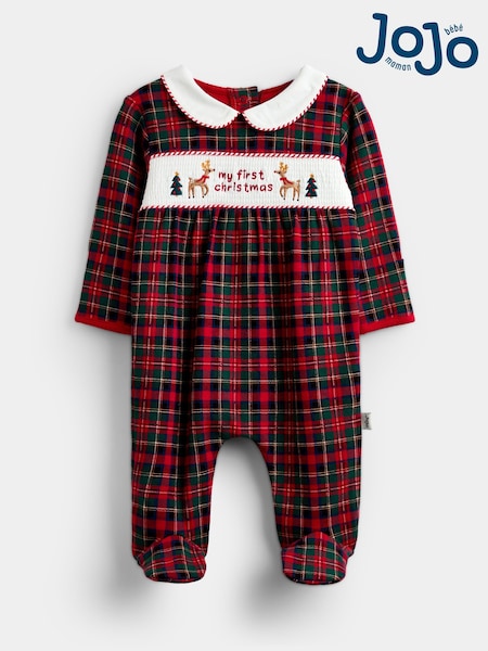 Red Tartan First Christmas - Jojo Maman Bébé Smocked Footed Sleepsuit
