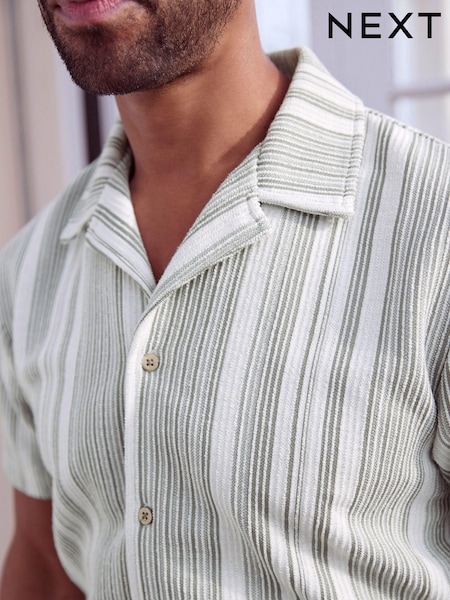 Verde/alb - Cuban Collar Textured Jersey Short Sleeve 100% Cotton Shirt (687060) | 127 LEI