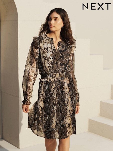 Зеленый хаки с Animal змеиным эффектом - Long Sleeve Chiffon Mini Dress (687605) | €7
