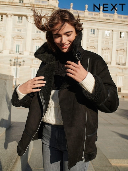 Black Faux Suede Longline Aviator Jacket (688792) | €20