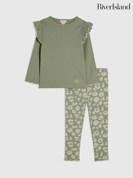 Green - River Island Frill Rib Top & Leggings Set