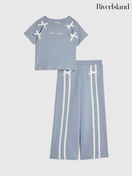 블루 - River Island Bow Top & Wide Leg Joggers Set