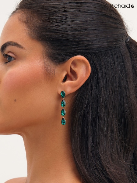 Gold - Jon Richard Plated Emerald Linear Pear Drop Earrings