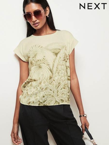 Ecru and Green Leaf Print Woven Mix Short Sleeve T-Shirt (689521) | €3.50