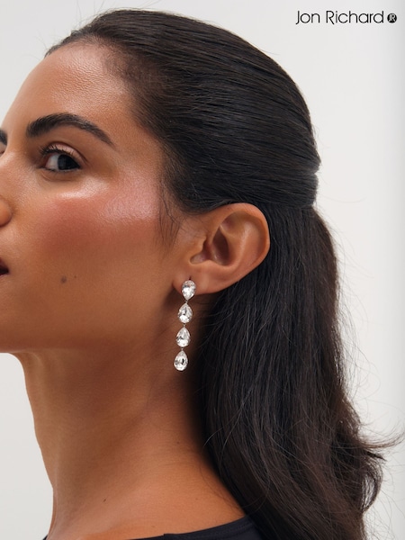 Silver - Jon Richard Rhodium Plated Crystal Linear Pear Drop Earrings