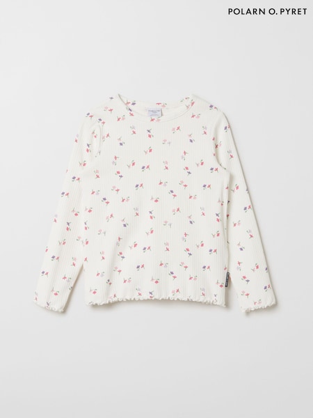 Polarn O. Pyret White Organic Cotton Ribbed Floral Top (690418) | €14