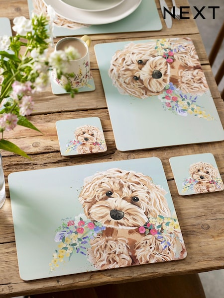 Set of 4 Sage Green Charlie Cockapoo Placemats And Coasters (691577) | €20
